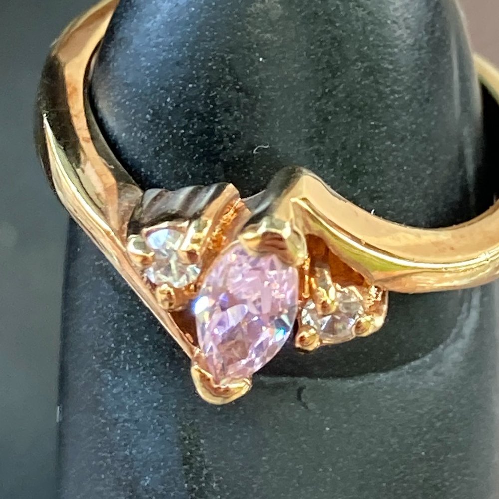 Simulated pink gem with rhinestones on 14K gold electroplated setting